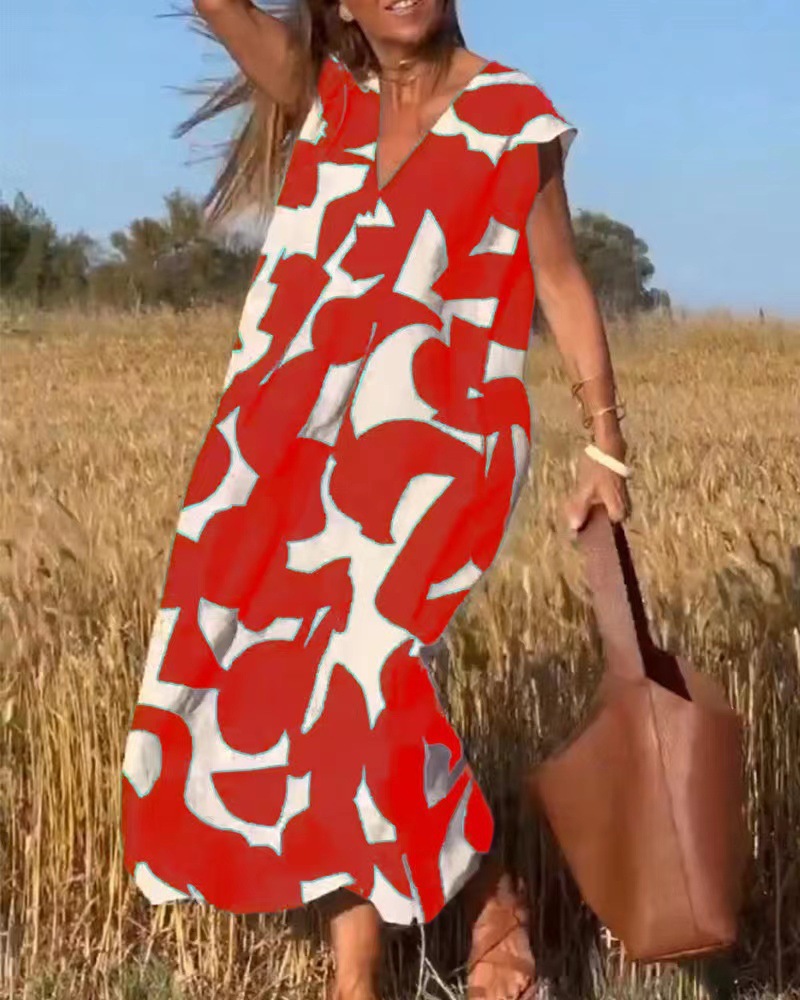 2026 Elegant V-neck Loose-fitting Versatile Long Dress