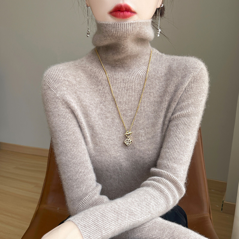 Ready-To-Wear Turtleneck Bottoming Shirt Seamless Striped Autumn And Winter One-Line Sweater New Pile Collar Women'S Sweater Slim Gray