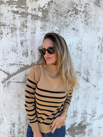 2025 New🔥Casual Loose Striped High Neck Button Women's Knitted Sweater Top