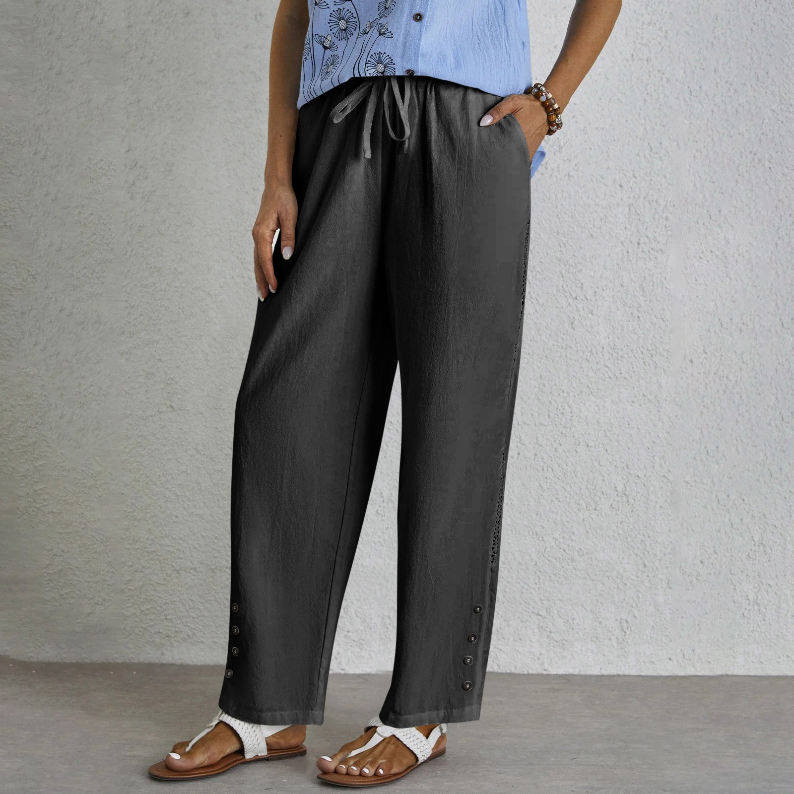 Cotton And Linen Drawstring Lace Button Casual Pants