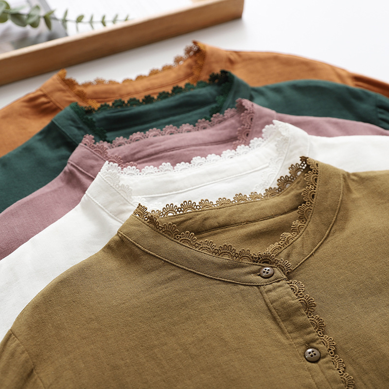 Double Cotton Stand Collar Lace Shirt