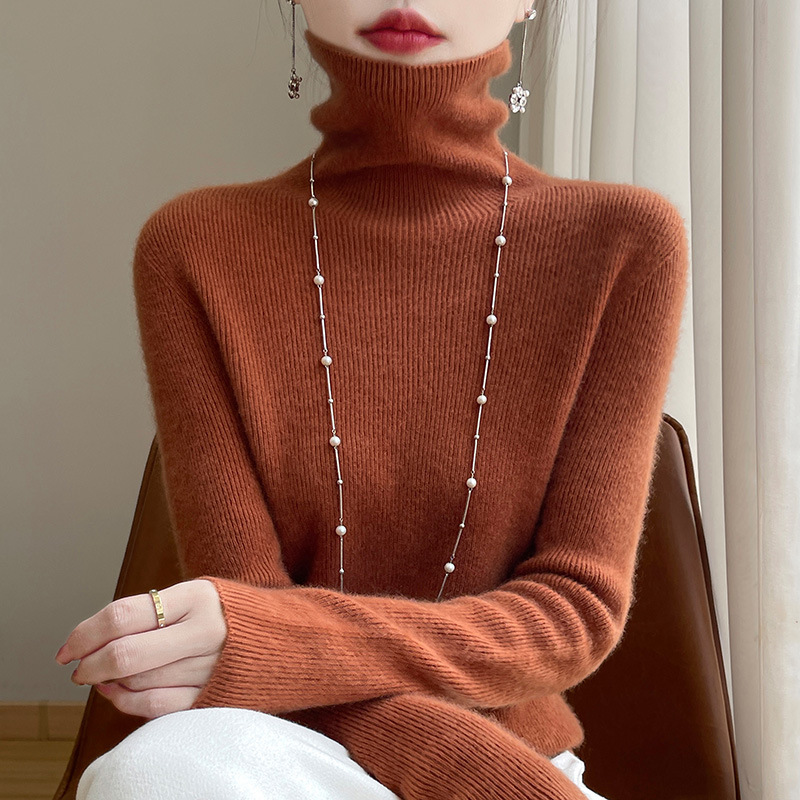 Ready-To-Wear Turtleneck Bottoming Shirt Seamless Striped Autumn And Winter One-Line Sweater New Pile Collar Women'S Sweater Slim Gray