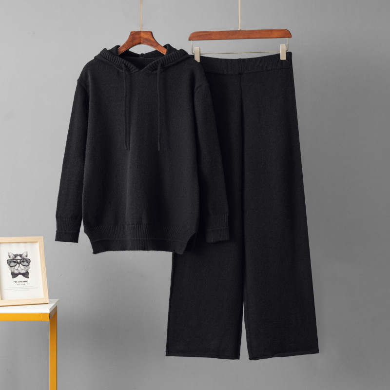 2025 Loose-fitting Casual Hooded Thick Wool Straight Wide-leg Two-piece set