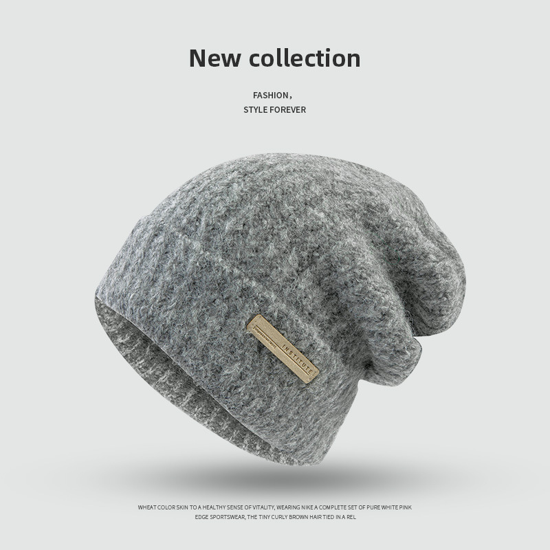 日系大头围堆堆帽简约慵懒风休闲百搭针织帽秋冬季保暖护耳毛线帽