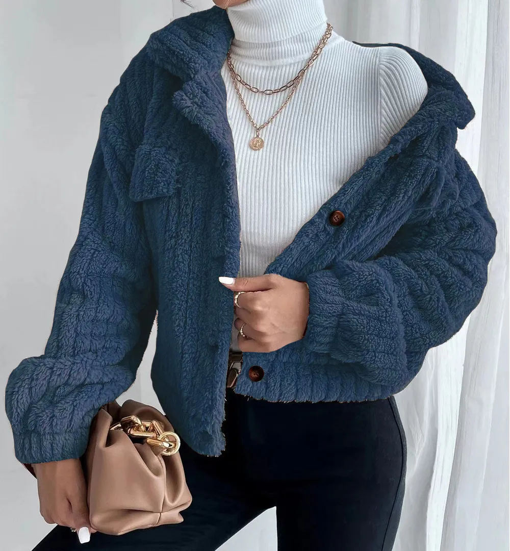 SHORT JACKET LAPEL ZIPPER WINTER COAT WARM PLUSH FLEECE ZIPPER CASUAL COAT TOP WITH POCKET