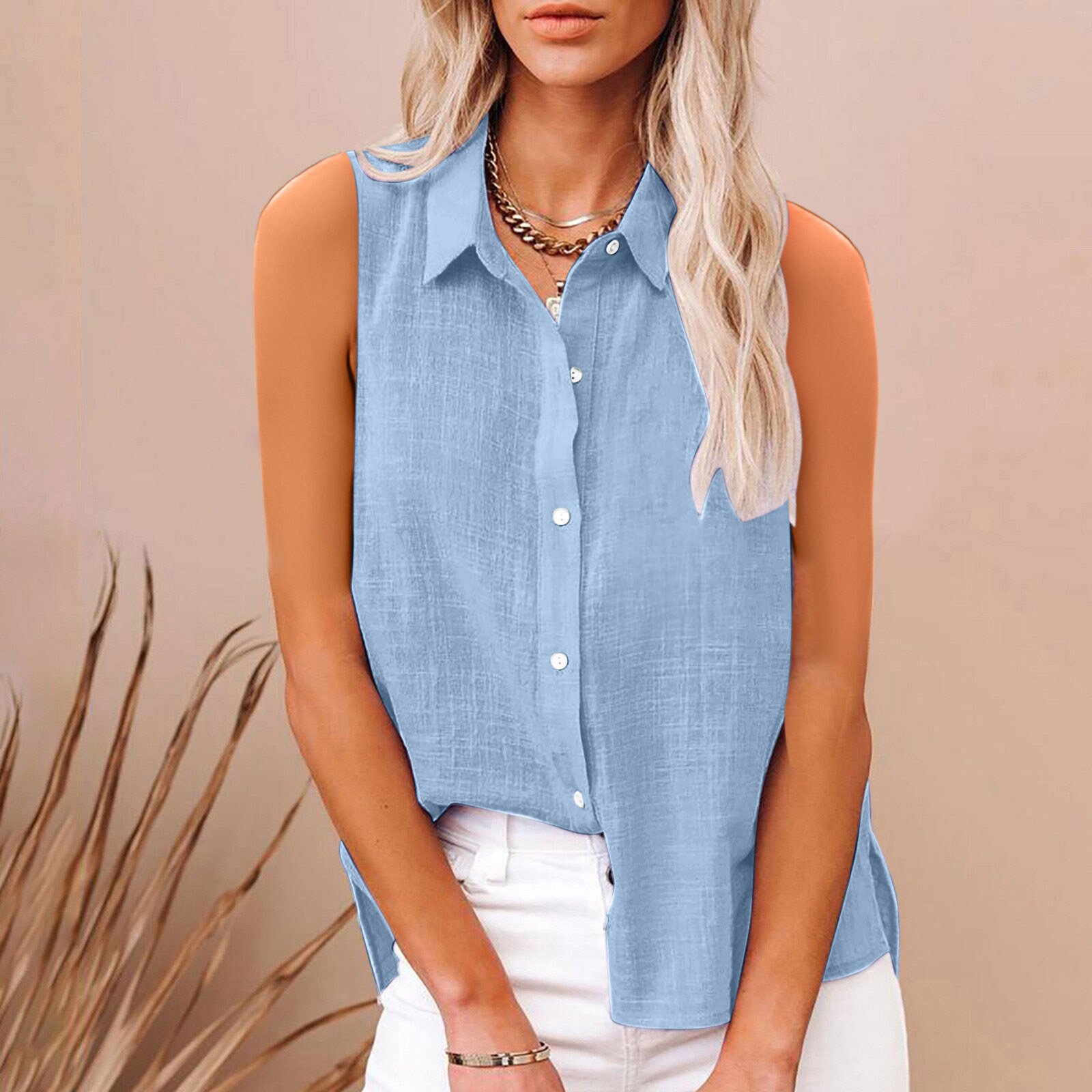 Cotton and Linen Button-Down Sleeveless Shirt