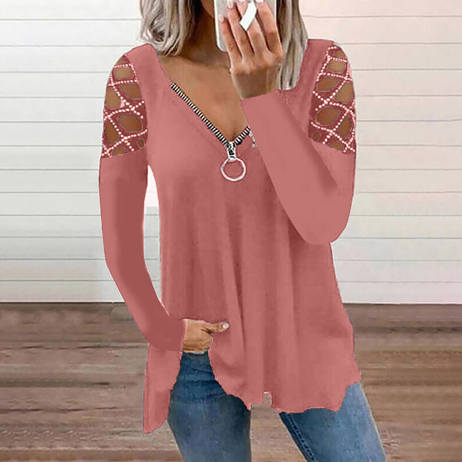 2024 Explosive V-neck solid color hollow sleeve casual top