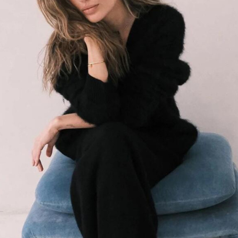 Loose V-neck mink knit cardigan sweater