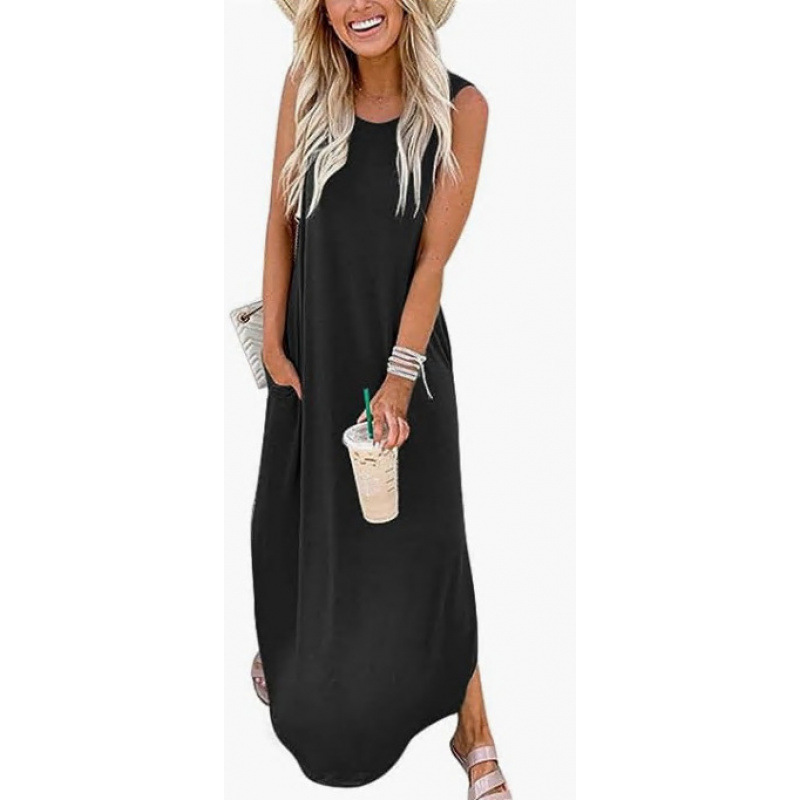 A Plain-Colored Long Dress With A Round Neck And No Sleeves