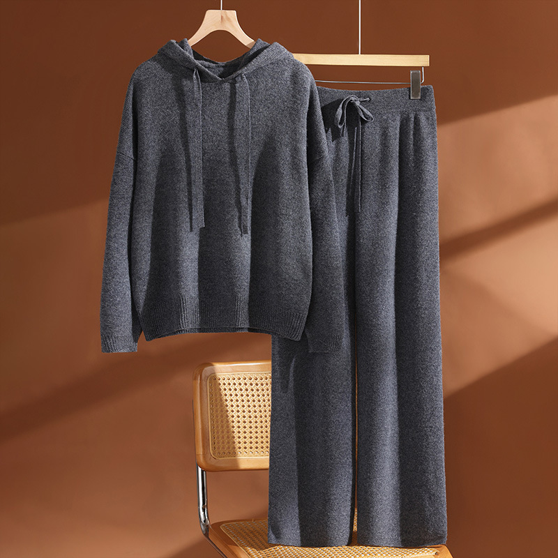 2025 Loose-fitting Casual Hooded Thick Wool Straight Wide-leg Two-piece set