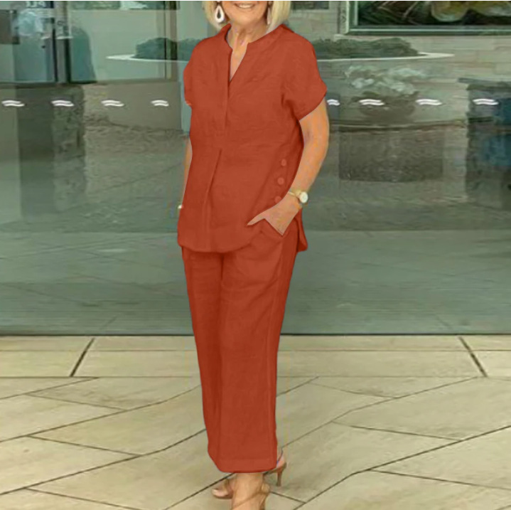 V-Neck Button-Off Casual Cotton And Linen Two-Piece Set