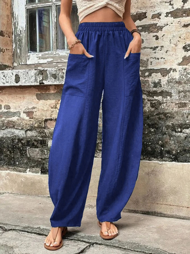 Casual Solid Color Elastic Pocket Pants
