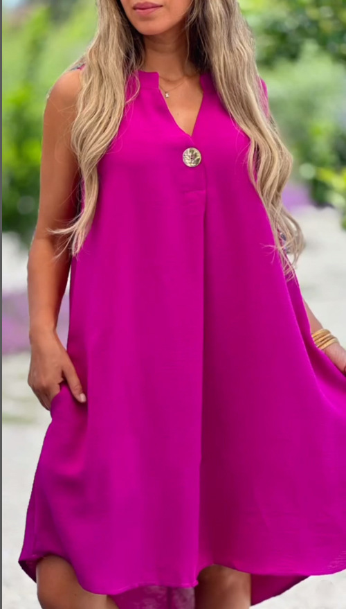 2024 New Solid Color V-Neck Big Button Dress