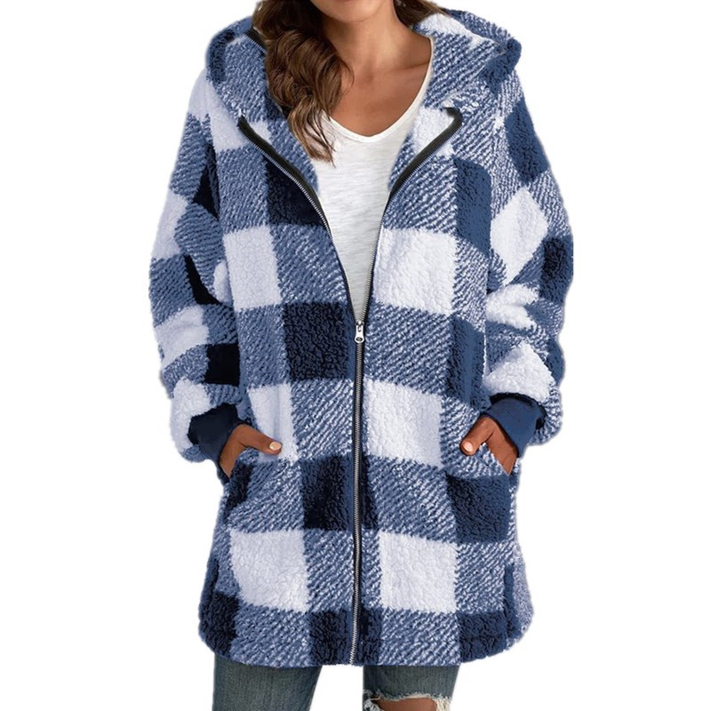 Fleece plaid hooded zipper coat with pockets