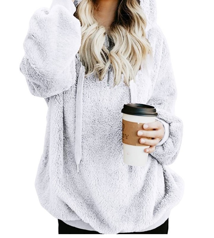Long-sleeved hooded solid color fleece shirt