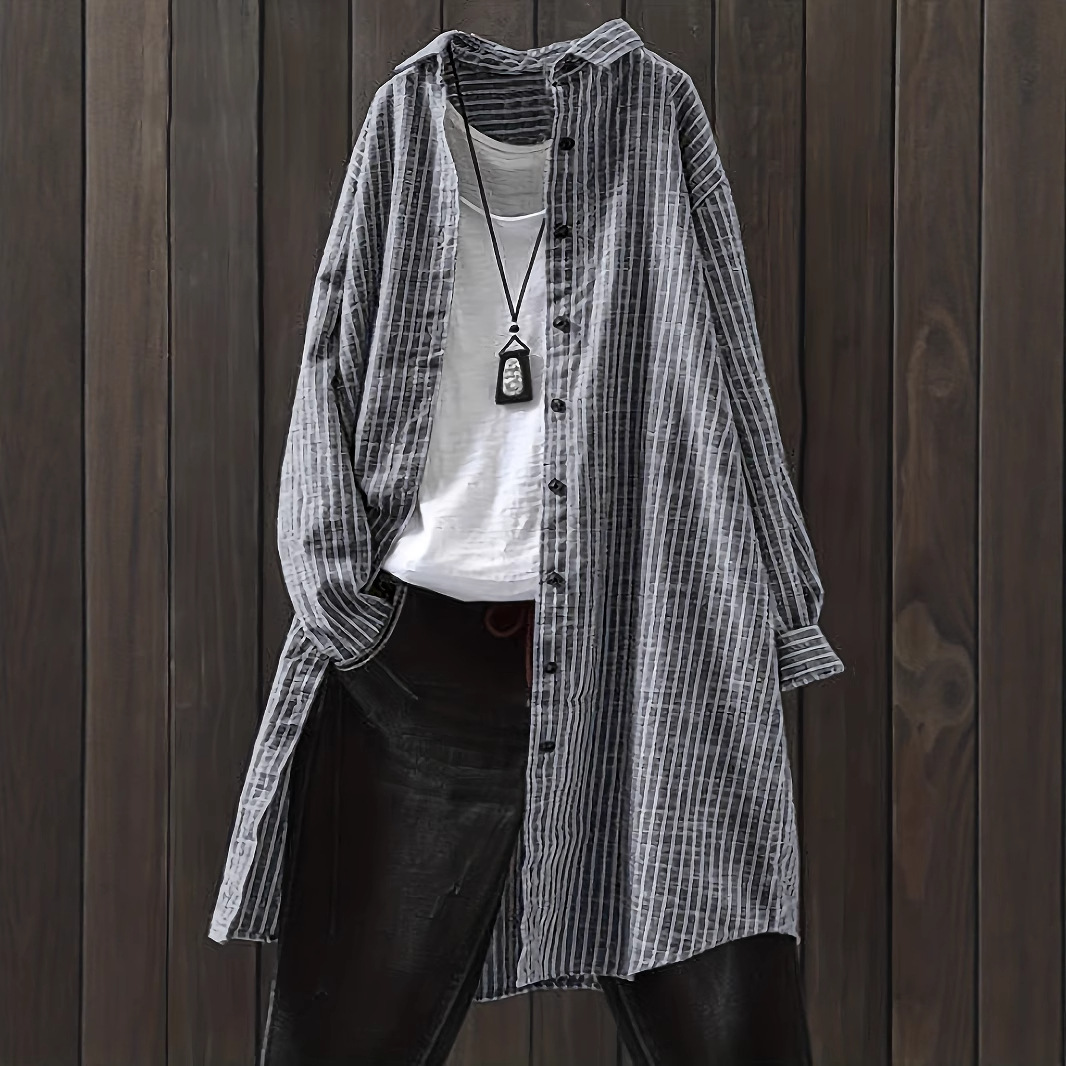 Large Stock Amazon New Women'S Literary Cotton And Linen Striped Shirt Mid-Length Long Sleeves Large-Size Pocket Top