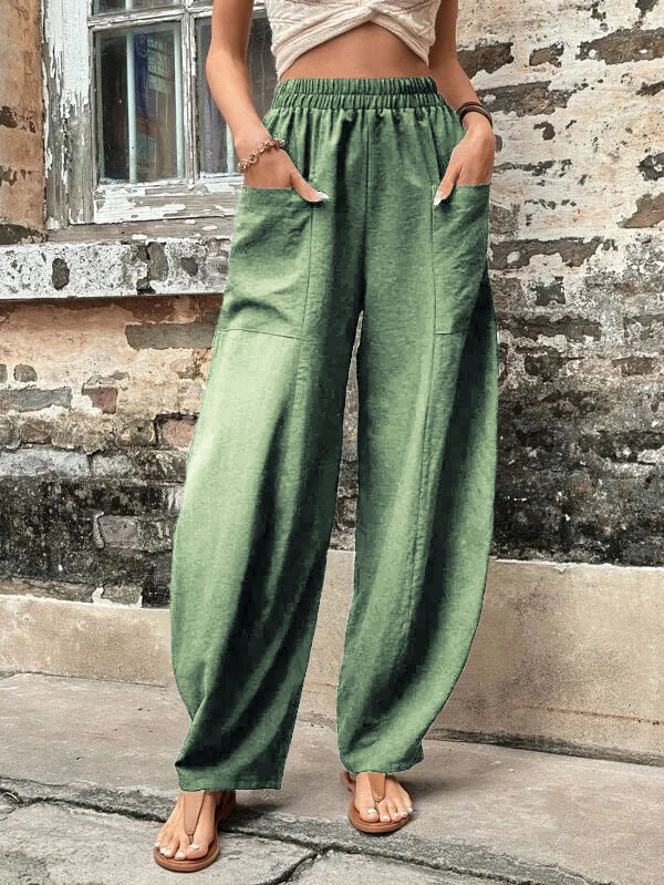 Casual Solid Color Elastic Pocket Pants