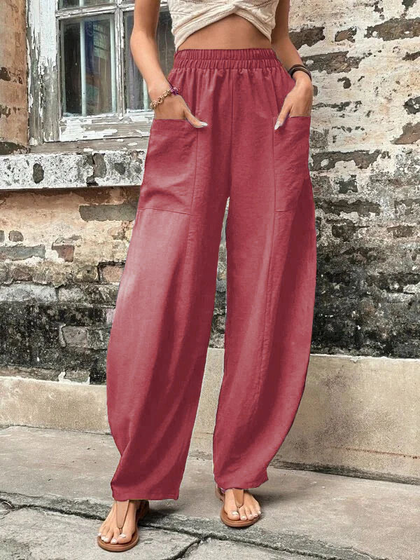 Casual Solid Color Elastic Pocket Pants