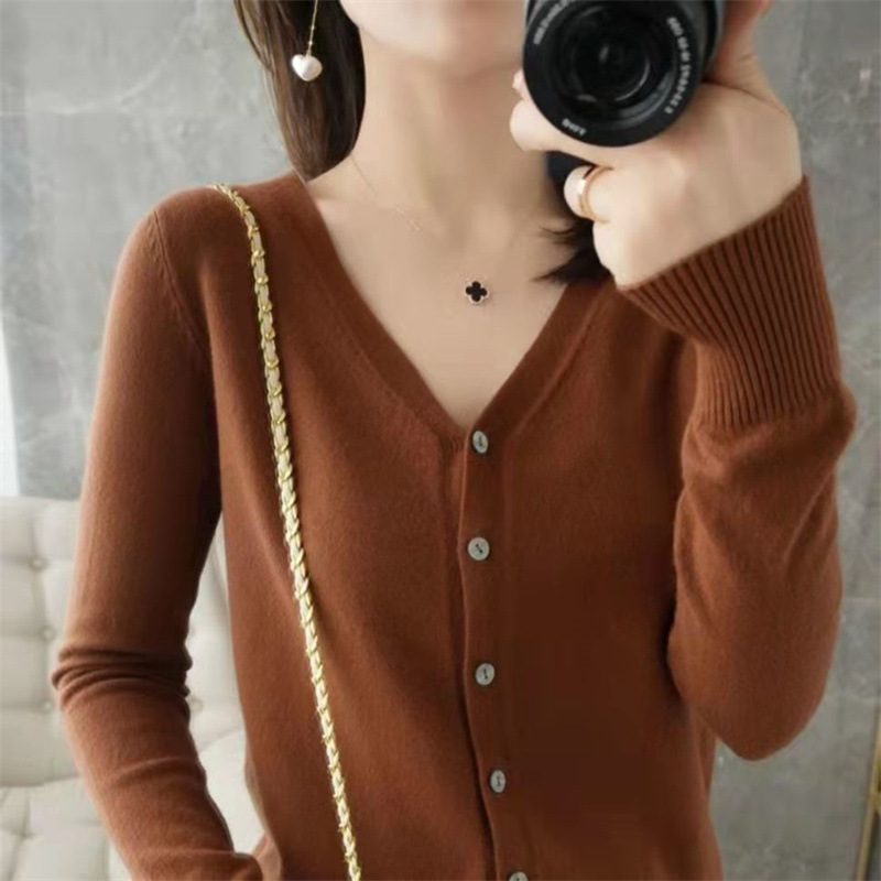 Women's Solid Color Long Sleeve Knitted  V-Neck Korean Style Cashmere Cardigan Jacket