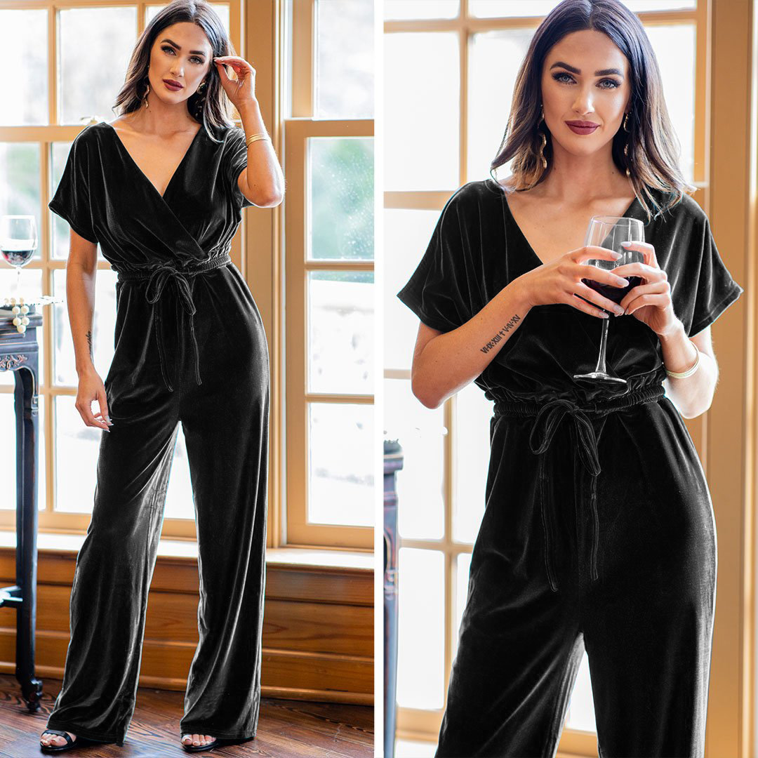 2024 New Christmas Velvet Wide Leg Lace-Up Jumpsuit
