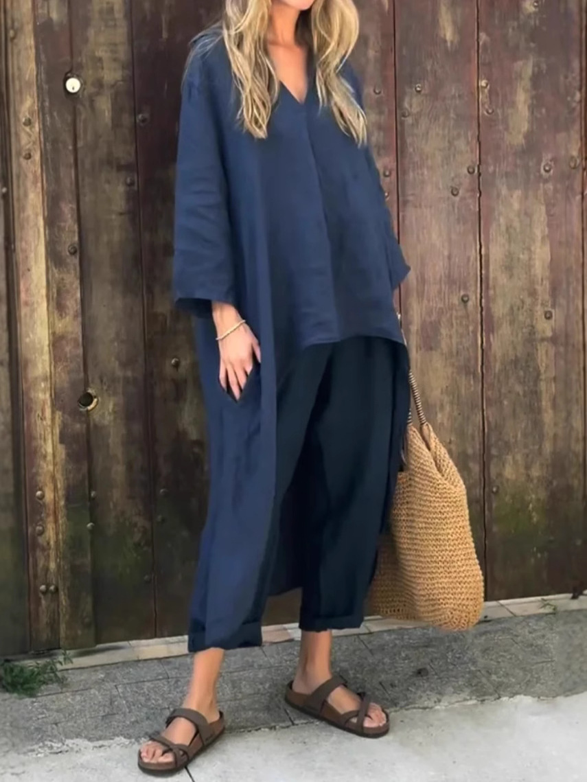 2-Piece Plus-Size Cotton And Linen Shirt Set