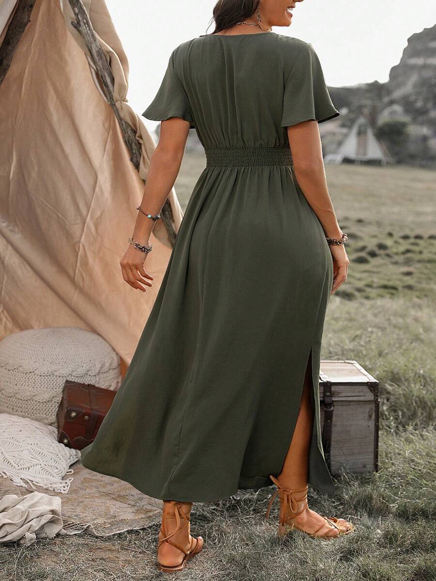 A V-Neck, Flared Sleeve And Slit Long Dress