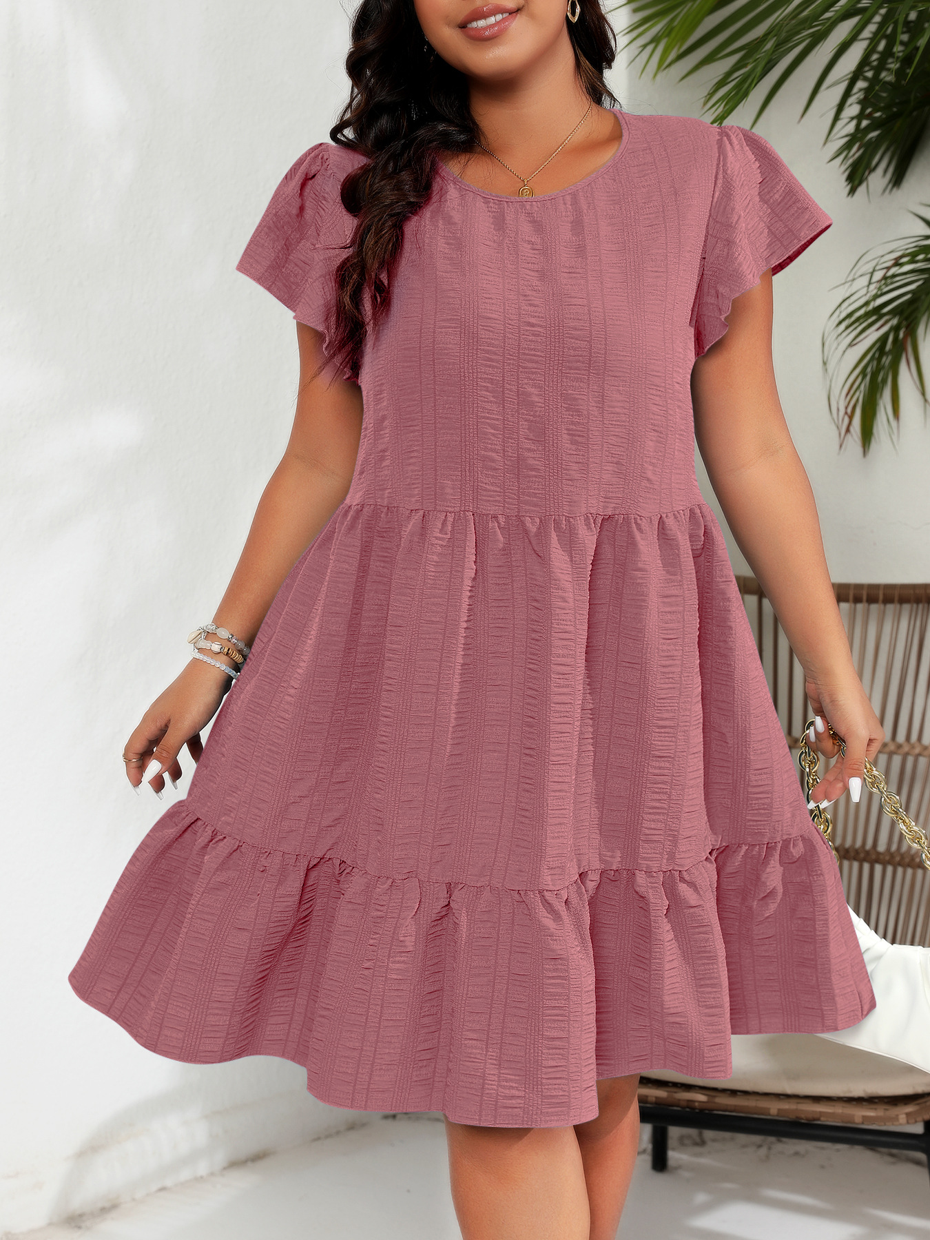 Plus-Size Round Neck Dress With Lotus Sleeves