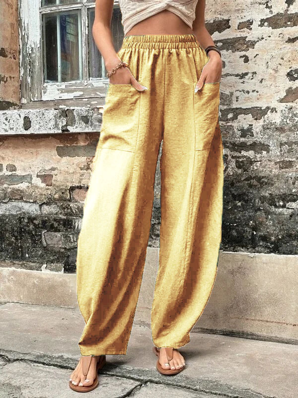 Casual Solid Color Elastic Pocket Pants