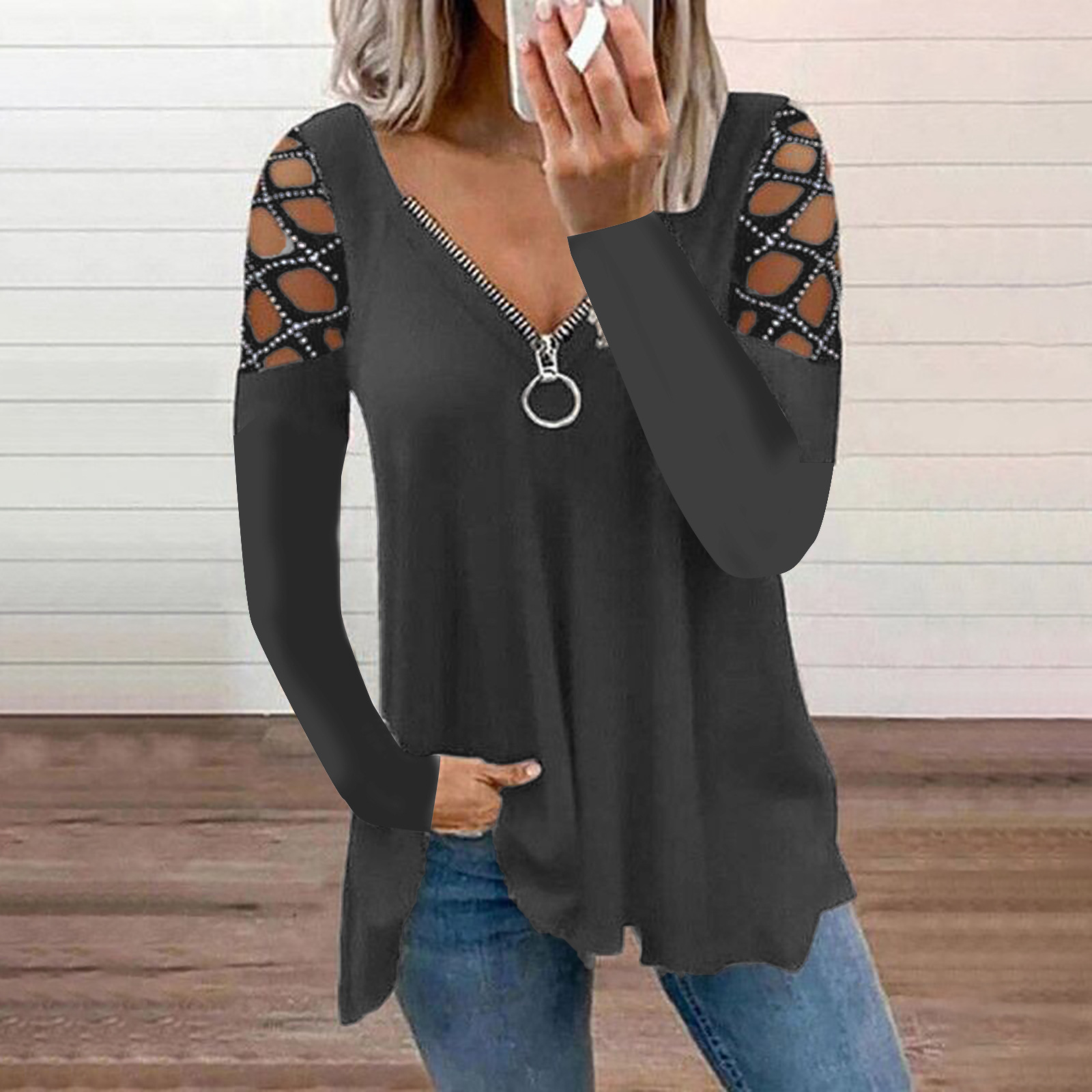 2024 Explosive V-neck solid color hollow sleeve casual top