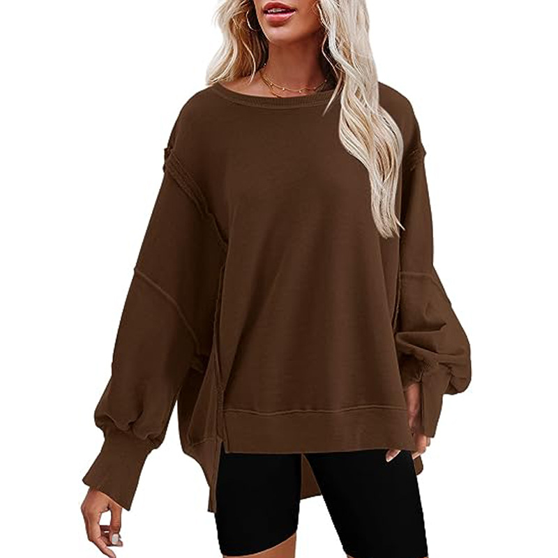 2024 Oversized crew neck sweatshirt with side slit long sleeve hoodie