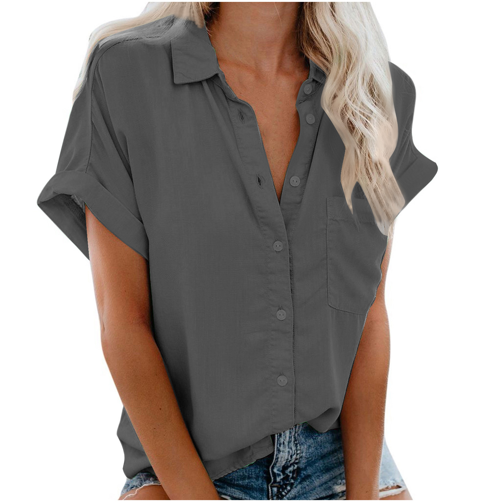 Cross-Border Exclusive For 2019 Summer Women'S Clothing Ebay Amazon Hot Short-Sleeved Women'S Lapel Button-Up Shirt Top 1918