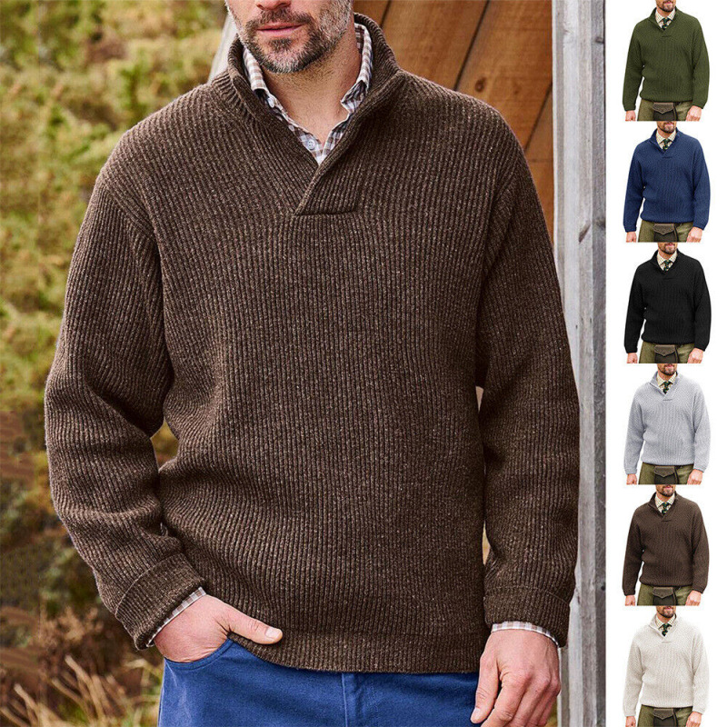 Men's solid color casual pullover long-sleeved V-neck loose sweater