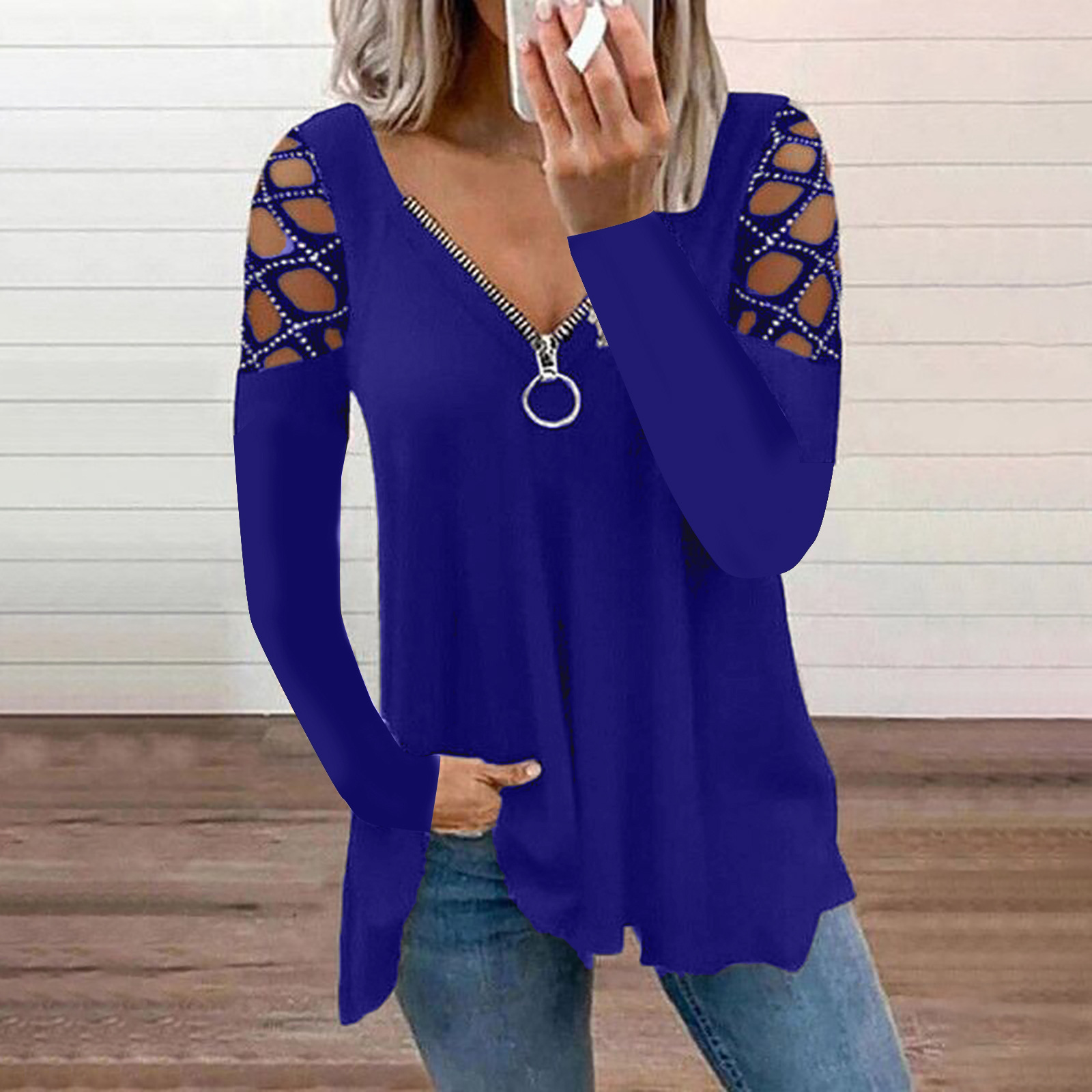 2024 Explosive V-neck solid color hollow sleeve casual top