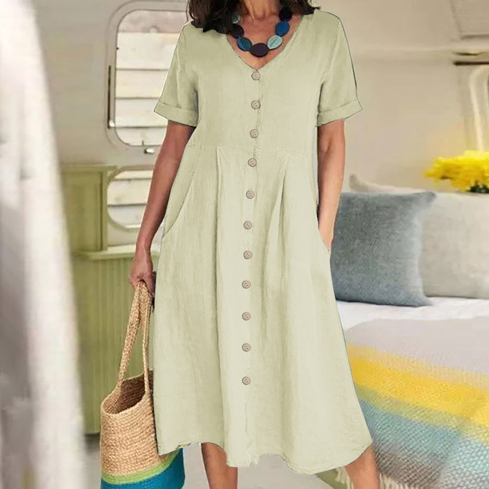 2025 New Loose Solid Color Cotton And Linen Dress