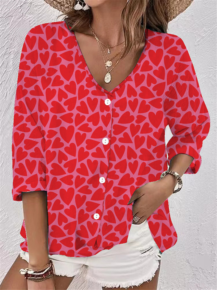 V-neck button-down chiffon printed long-sleeved cardigan