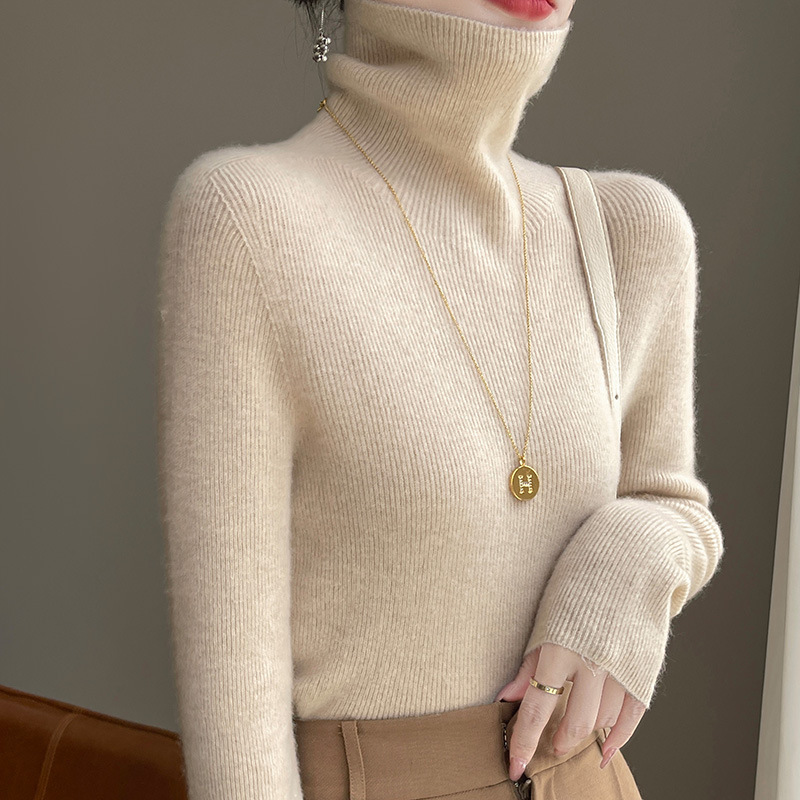 Ready-To-Wear Turtleneck Bottoming Shirt Seamless Striped Autumn And Winter One-Line Sweater New Pile Collar Women'S Sweater Slim Gray