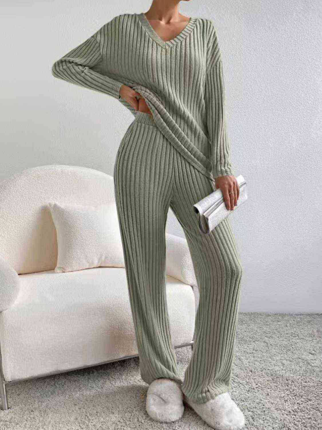2026 Autumn/Winter Casual Home Fashion V-neck Ribbed Straight Leg Pants Two-Piece Set