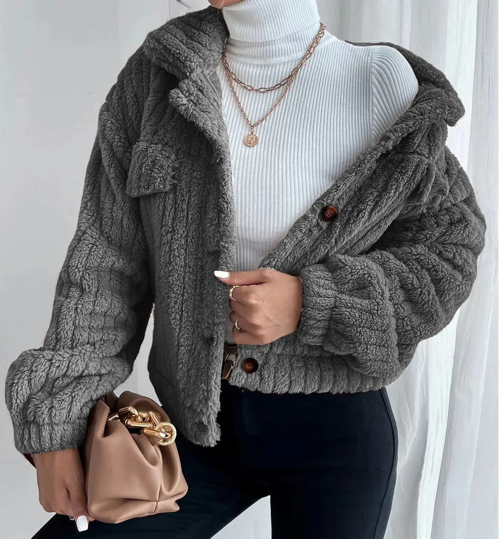 SHORT JACKET LAPEL ZIPPER WINTER COAT WARM PLUSH FLEECE ZIPPER CASUAL COAT TOP WITH POCKET