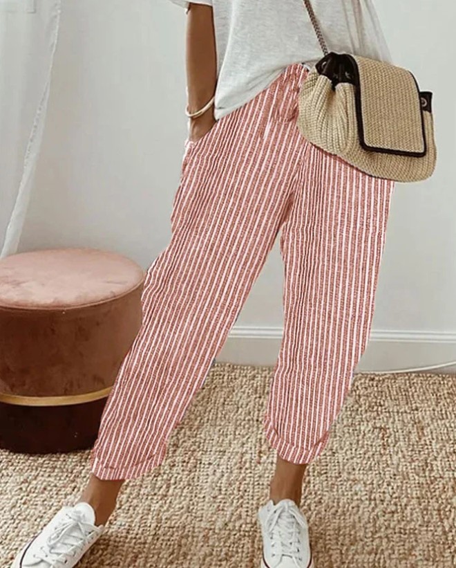 Casual Striped Loose Drawstring Pants