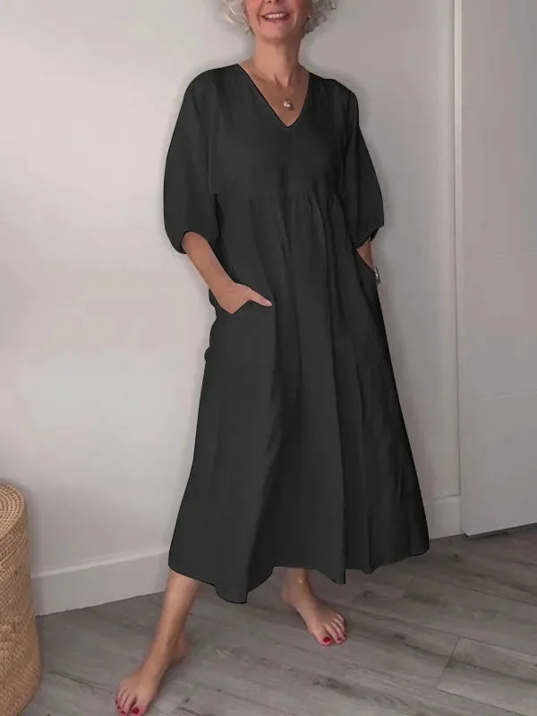 Cotton Linen Deep V-Neck Pleated Large Swing Pocket Dress
