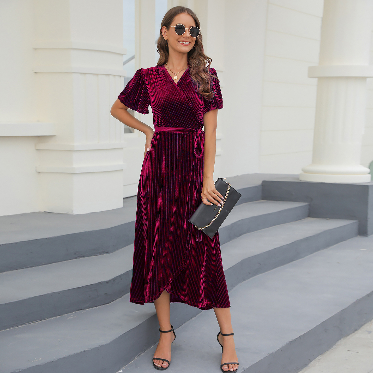 Christmas plus-size split lace pit-striped canary mid-length dress