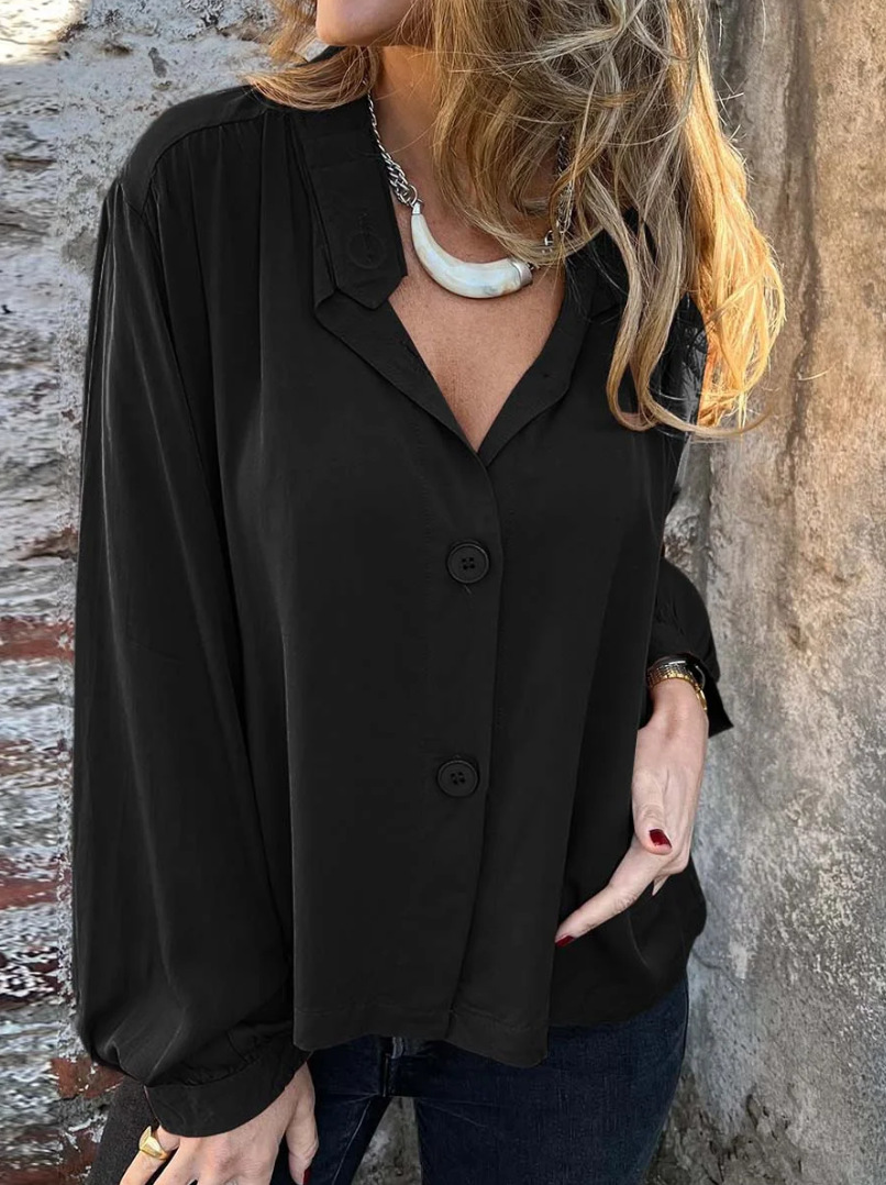 Stand Collar Linen Long Sleeved Shirt With Large Buttons