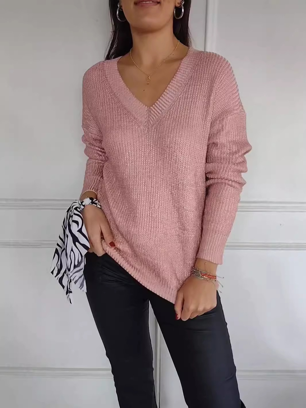 Women's knitted V-neck casual mercerized pullover sweater