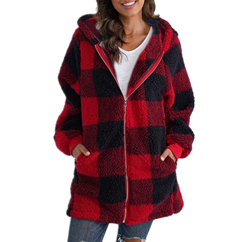 Fleece plaid hooded zipper coat with pockets
