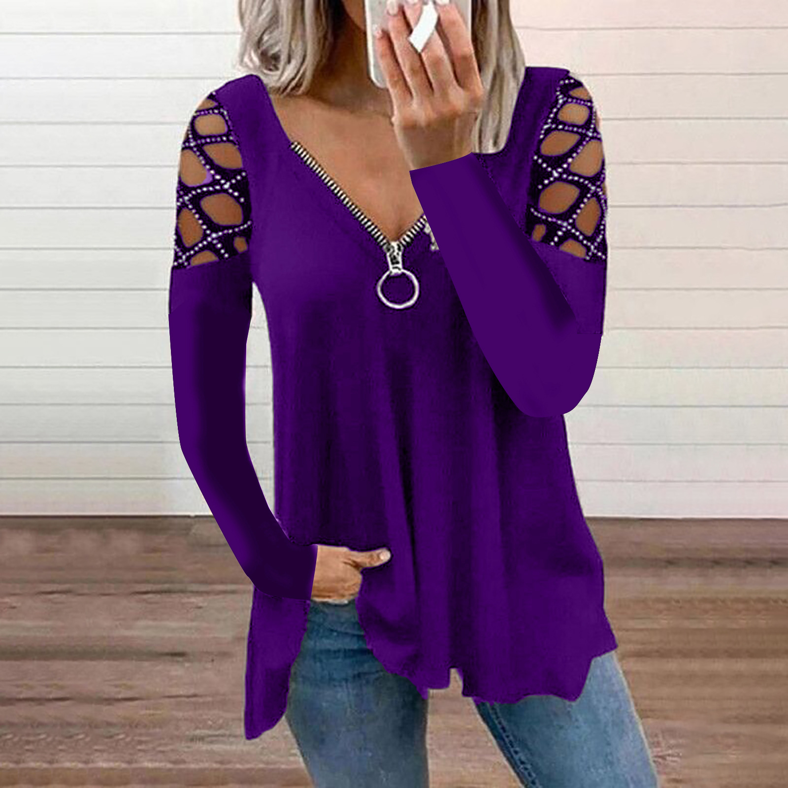 2024 Explosive V-neck solid color hollow sleeve casual top