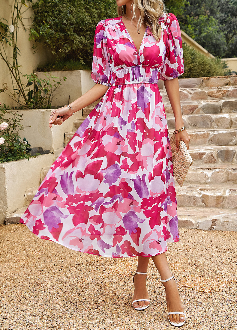 High-Elasticity Deep V-Neck Printed Long Dress