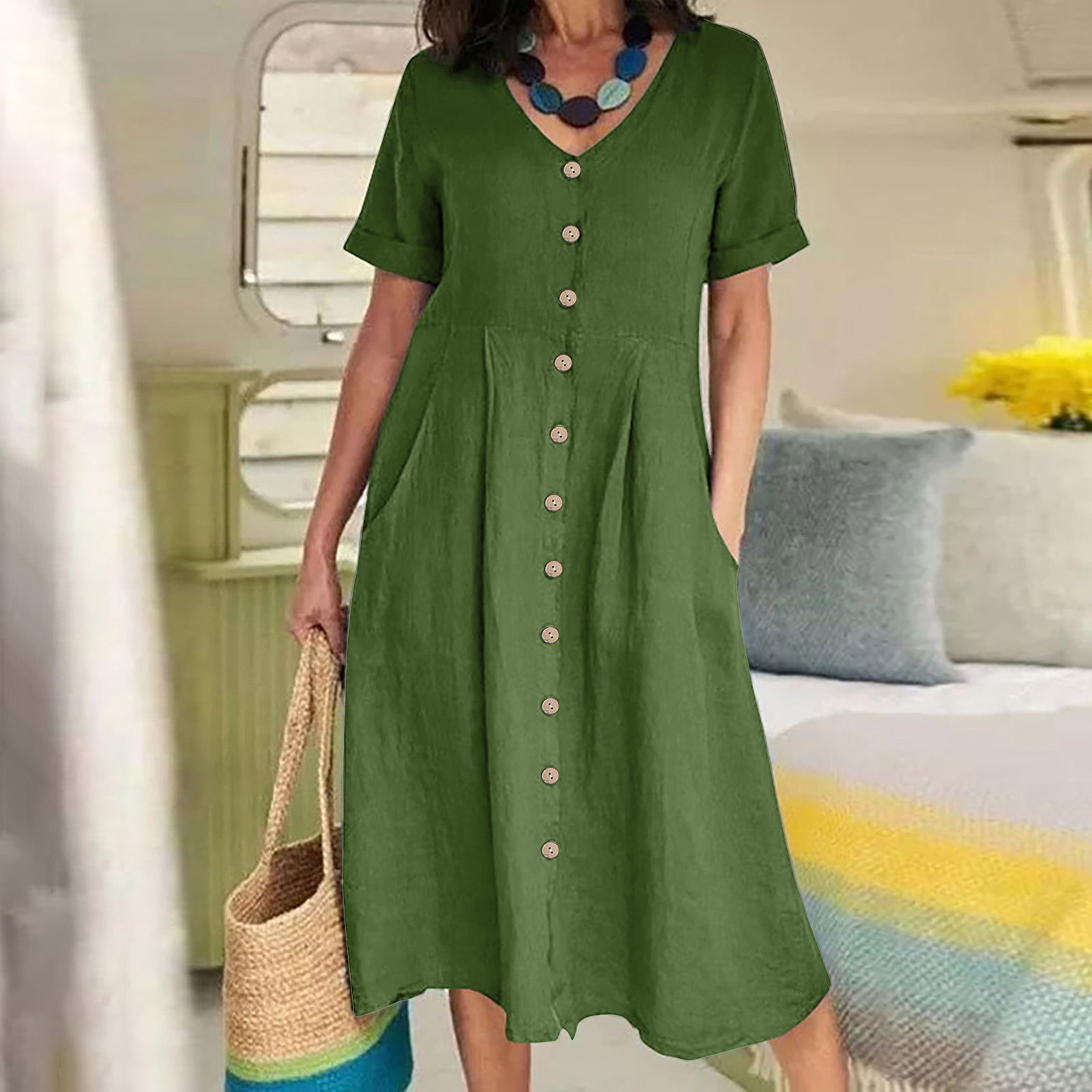 2025 New Loose Solid Color Cotton And Linen Dress