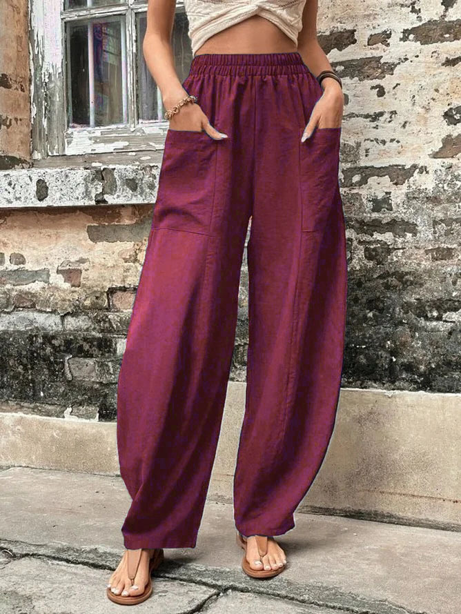 Casual Solid Color Elastic Pocket Pants