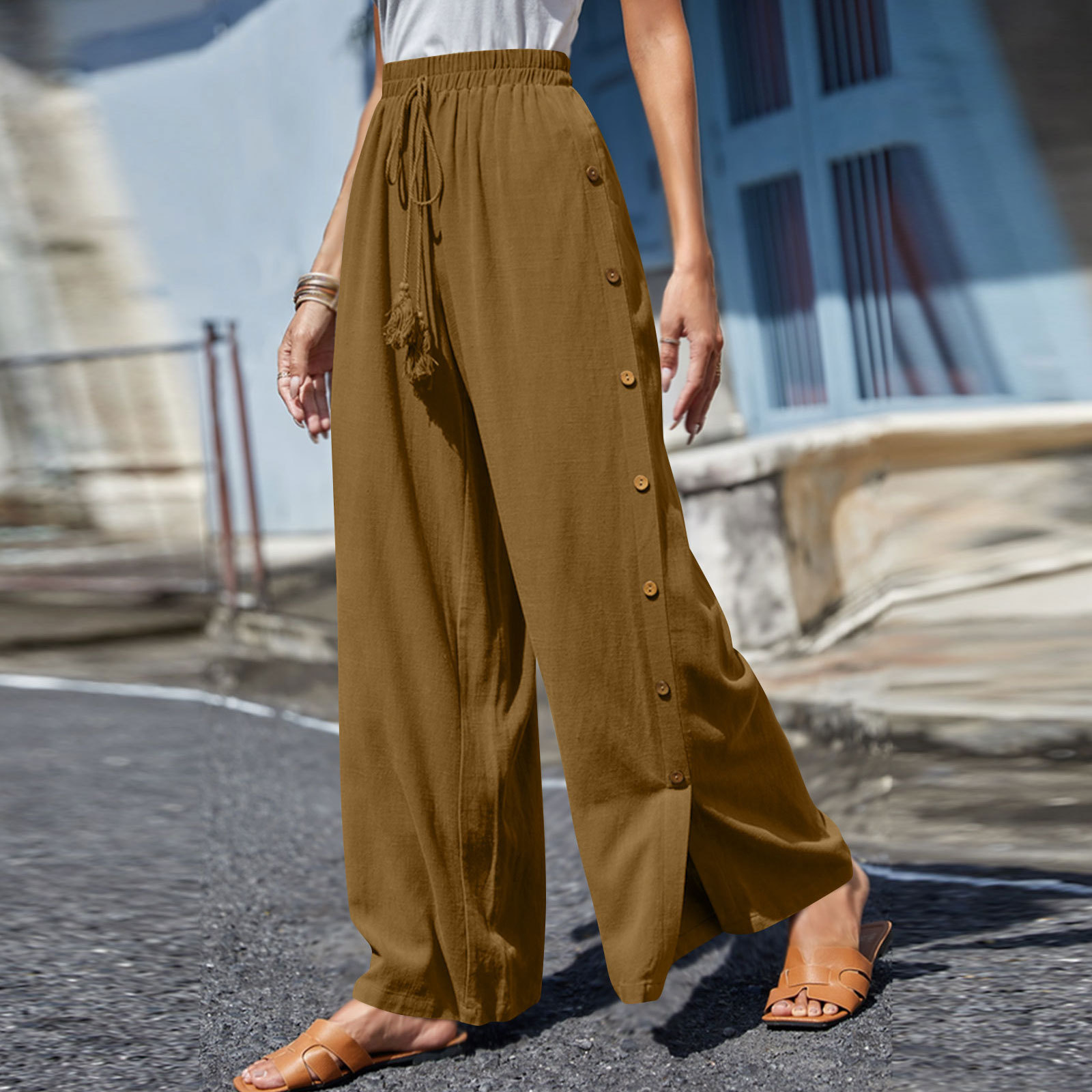 Solid color elastic-waist lace-up baggy wide-leg pants