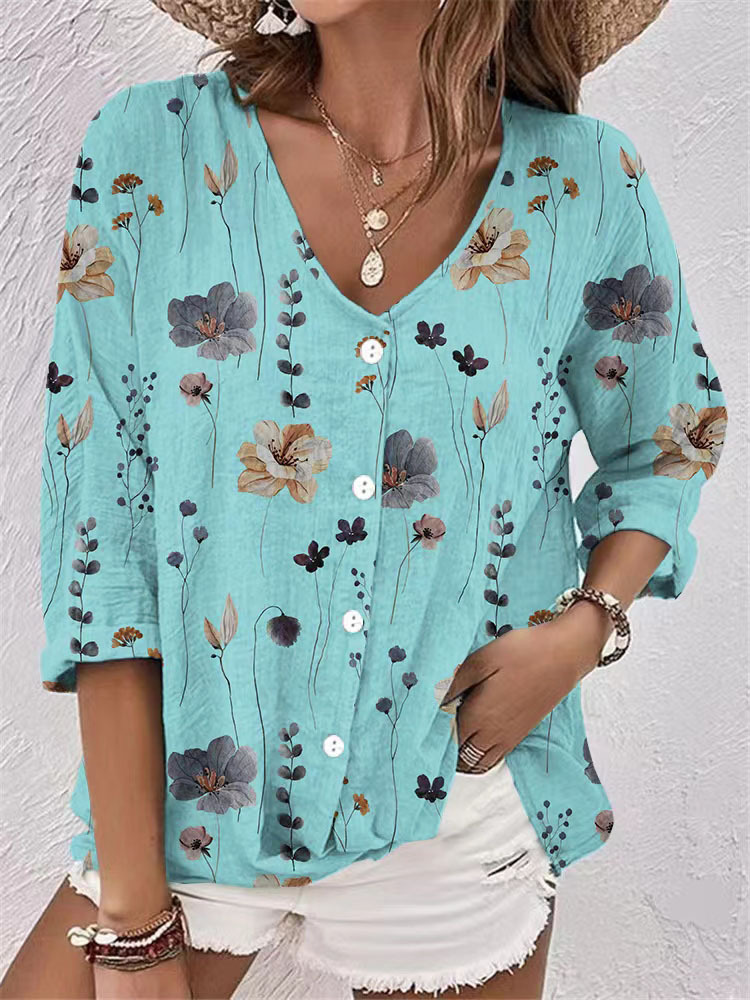 V-neck button-down chiffon printed long-sleeved cardigan